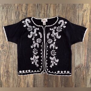 Vtg Worthington S/S Knit Cardigan Medium Black White Embroidered Crocheted Beads